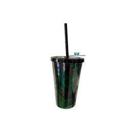 VASO LIKY VERDE GLITTER DOBLE FONDO TAPA Y POPOTE NEGRO
