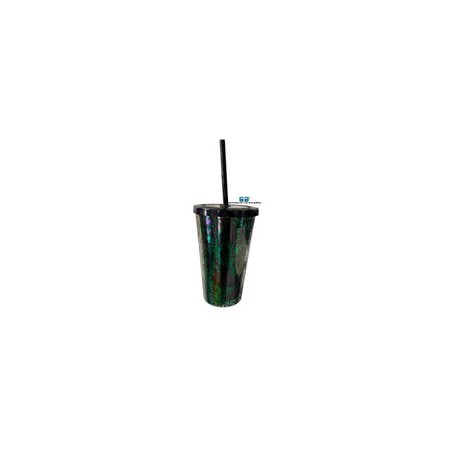 VASO LIKY VERDE GLITTER DOBLE FONDO TAPA Y POPOTE NEGRO