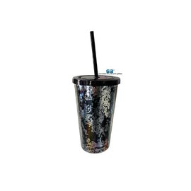 VASO LIKY PLATA GLITTER DOBLE FONDO TAPA Y POPOTE NEGRO