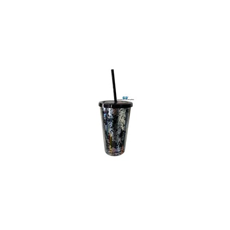 VASO LIKY PLATA GLITTER DOBLE FONDO TAPA Y POPOTE NEGRO