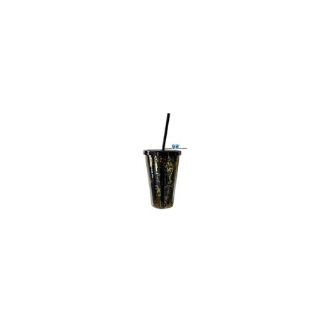 VASO LIKY ORO GLITTER, DOBLE FONDO TAPA Y POPOTE NEGRO