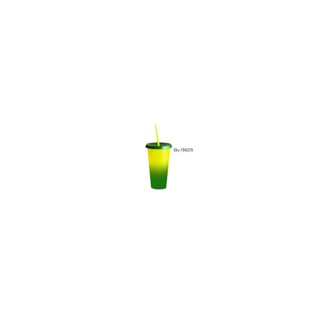 VASO MAGICO 24 OZ AMARILLO A VERDE TAPA VERDE CON POPOTE